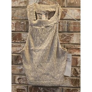 Mono B Women's Sleeveless Top Smocked High Neck Beige Stretch Tank Top Large Y2K